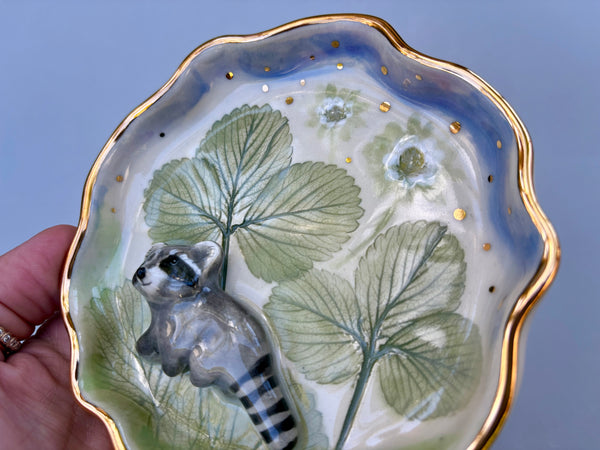 Curious Raccoon in the Strawberry Patch Jewelry Dish, Ceramic with Real Gold - Vuvu Ceramics