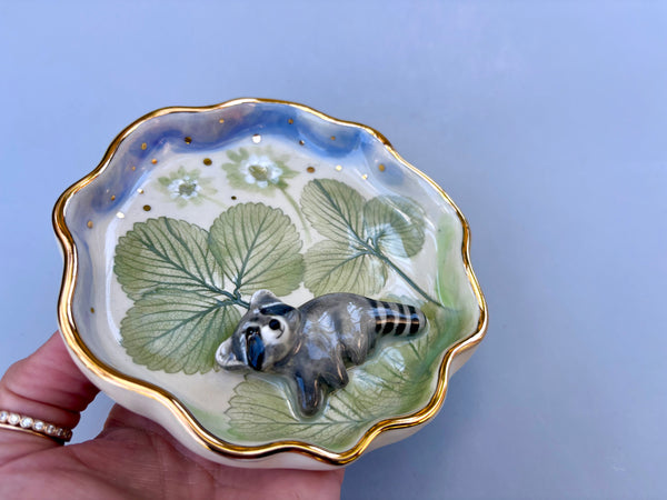 Curious Raccoon in the Strawberry Patch Jewelry Dish, Ceramic with Real Gold - Vuvu Ceramics