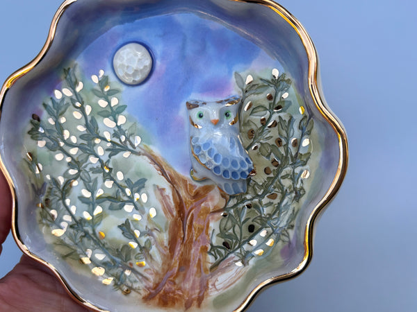 Owl in Nighttime Forest Jewelry Holder, Ceramic Dish