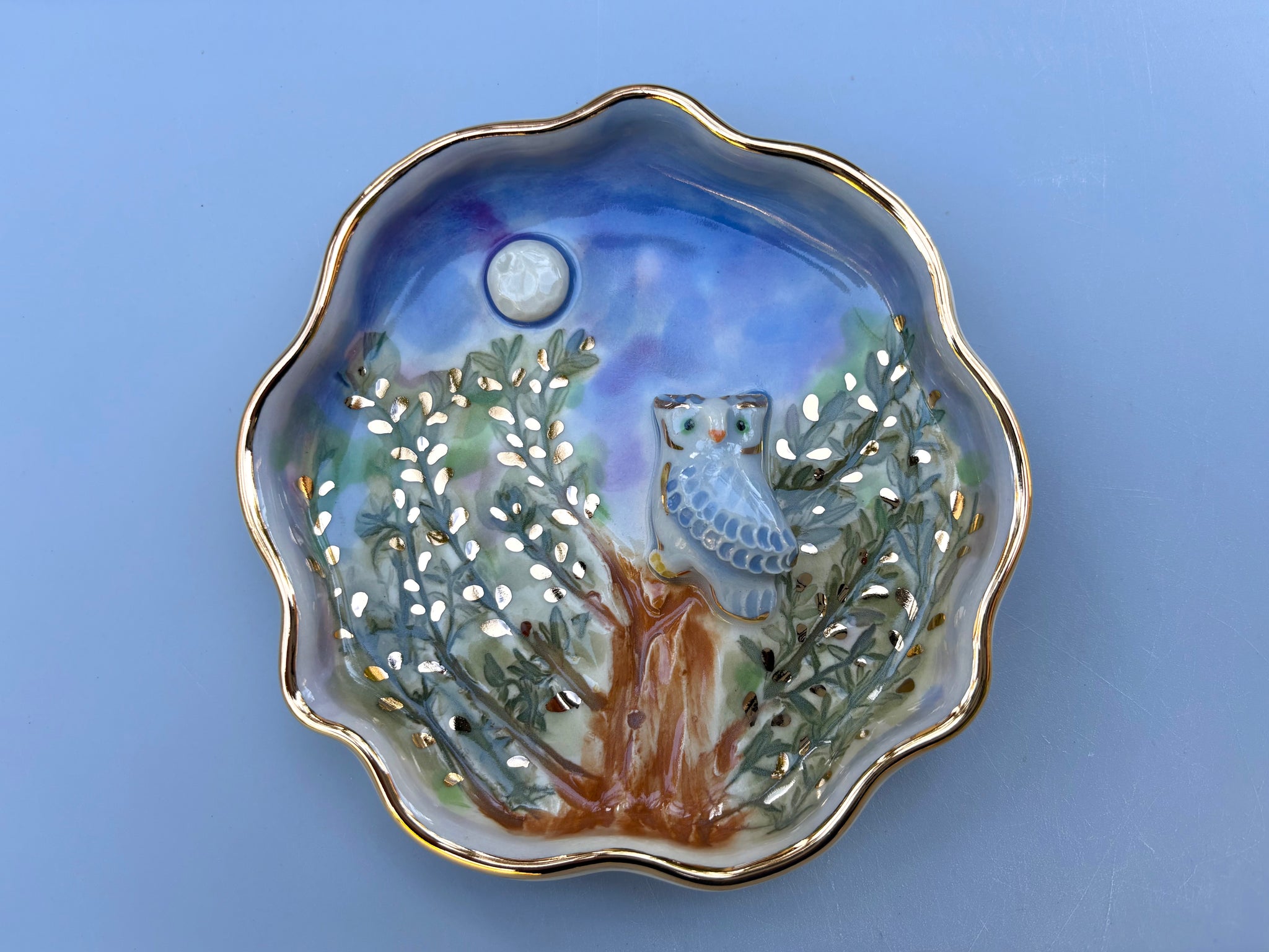 Owl in Nighttime Forest Jewelry Holder, Ceramic Dish