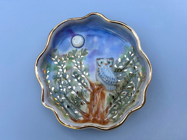 Owl in Nighttime Forest Jewelry Holder, Ceramic Dish