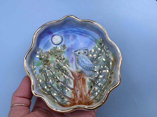 Owl in Nighttime Forest Jewelry Holder, Ceramic Dish
