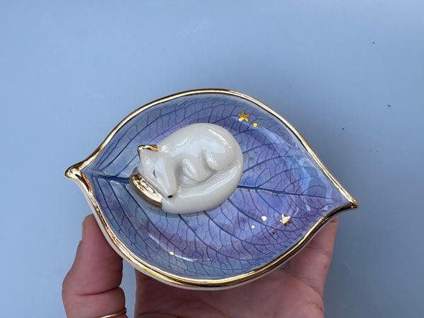 Small Sleeping Fox Jewelry Holder, Ceramic Hydrangea Leaf Trinket Dish with Gold Accent