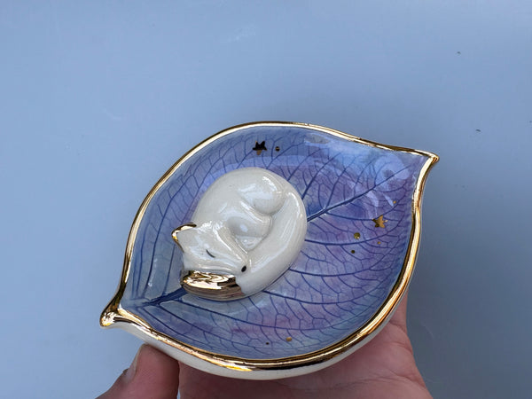 Small Sleeping Fox Jewelry Holder, Ceramic Hydrangea Leaf Trinket Dish with Gold Accent