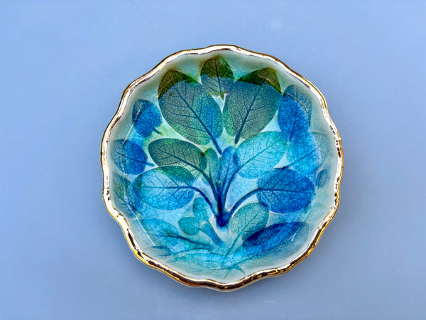 Sage Leaves in Peacock Blues, Ceramic Dish with Gold Accent - Vuvu Ceramics
