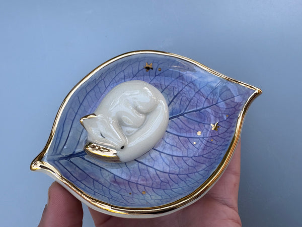 Small Sleeping Fox Jewelry Holder, Ceramic Hydrangea Leaf Trinket Dish with Gold Accent