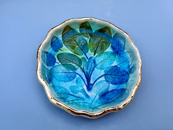 Sage Leaves in Peacock Blues, Ceramic Dish with Gold Accent - Vuvu Ceramics