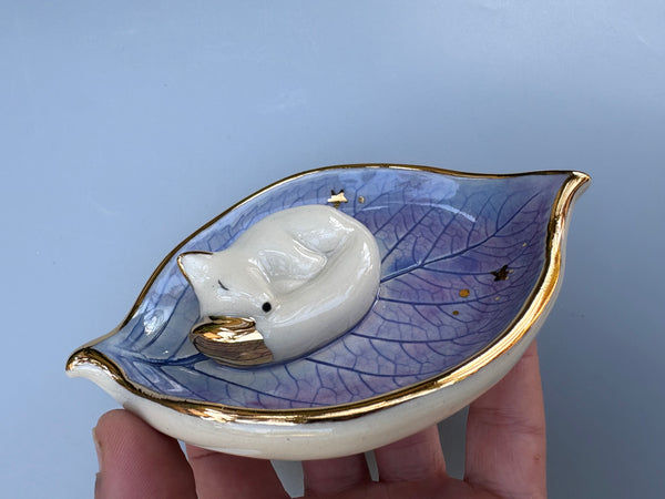 Small Sleeping Fox Jewelry Holder, Ceramic Hydrangea Leaf Trinket Dish with Gold Accent