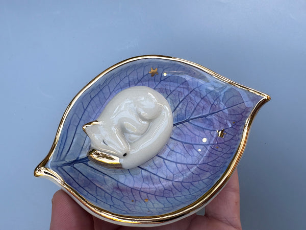 Small Sleeping Fox Jewelry Holder, Ceramic Hydrangea Leaf Trinket Dish with Gold Accent
