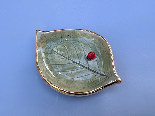 Small Ladybug on Hydrangea Leaf Dish with Gold Accents