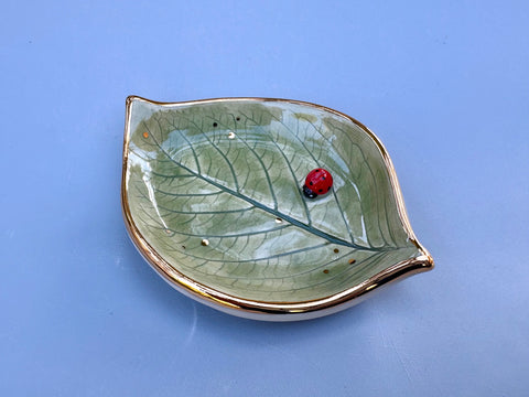 Small Ladybug on Hydrangea Leaf Dish with Gold Accents