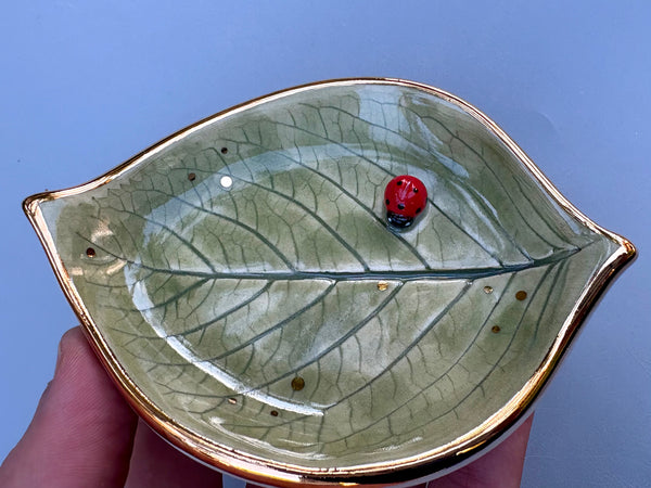 Small Ladybug on Hydrangea Leaf Dish with Gold Accents