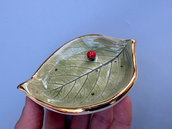 Small Ladybug on Hydrangea Leaf Dish with Gold Accents