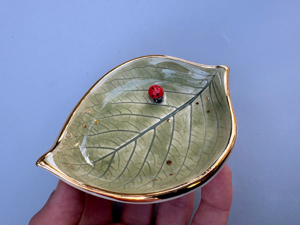 Small Ladybug on Hydrangea Leaf Dish with Gold Accents