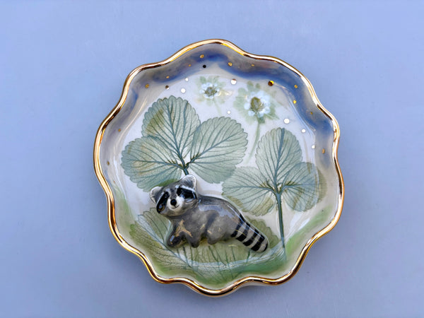 Curious Raccoon in the Strawberry Patch Jewelry Dish, Ceramic with Real Gold - Vuvu Ceramics