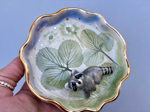 Curious Raccoon in the Strawberry Patch Jewelry Dish, Ceramic with Real Gold - Vuvu Ceramics