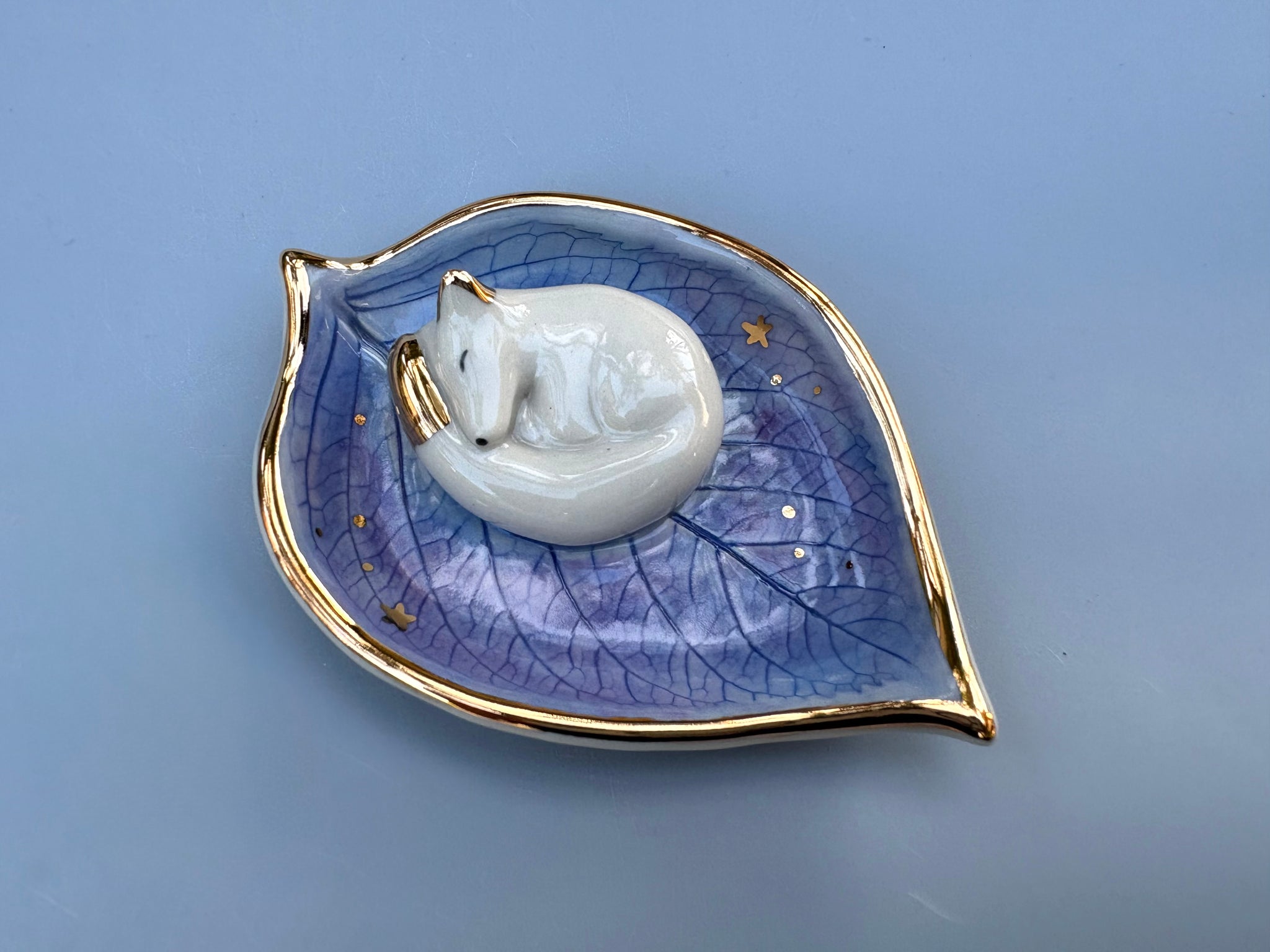 Small Sleeping Fox Jewelry Holder, Ceramic Hydrangea Leaf Trinket Dish with Gold Accent