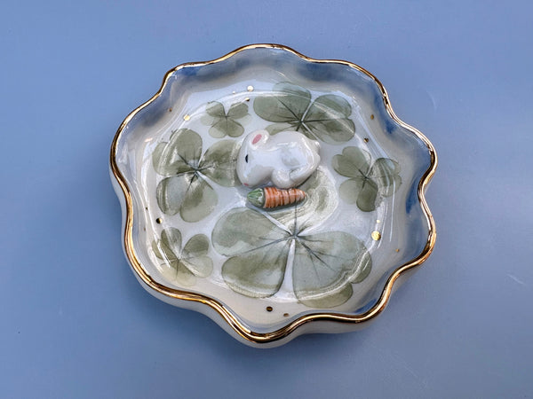 Sleeping Bunny with Lemon Clover, Ceramic Jewelry Dish with Real Gold