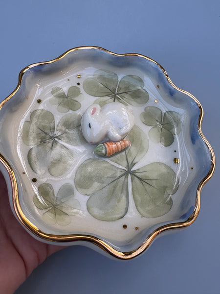 Sleeping Bunny with Lemon Clover, Ceramic Jewelry Dish with Real Gold