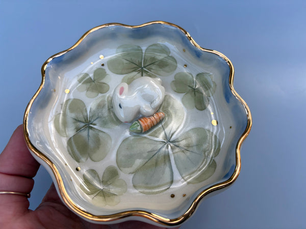 Sleeping Bunny with Lemon Clover, Ceramic Jewelry Dish with Real Gold