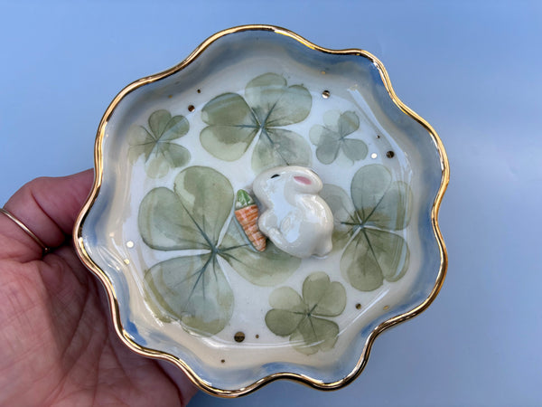 Sleeping Bunny with Lemon Clover, Ceramic Jewelry Dish with Real Gold