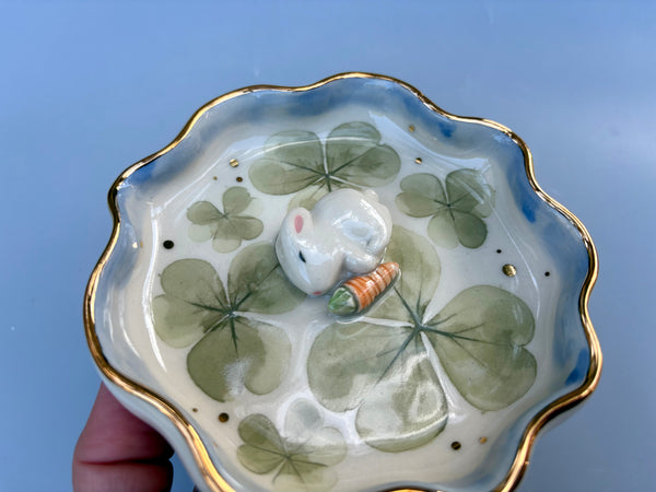 Sleeping Bunny with Lemon Clover, Ceramic Jewelry Dish with Real Gold