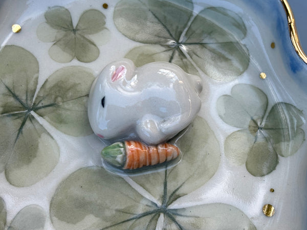 Sleeping Bunny with Lemon Clover, Ceramic Jewelry Dish with Real Gold