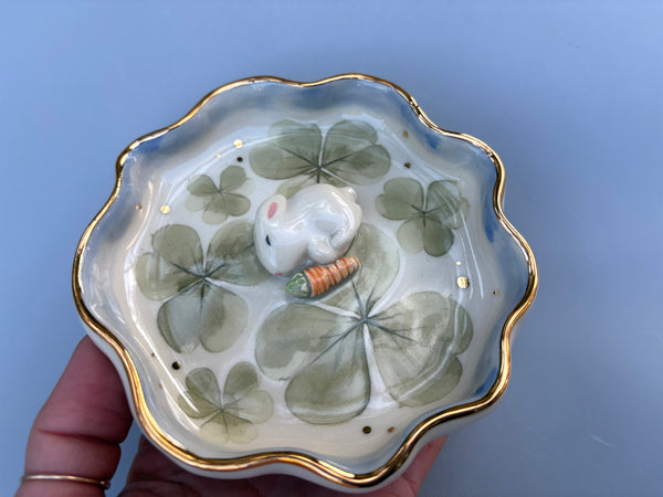 Sleeping Bunny with Lemon Clover, Ceramic Jewelry Dish with Real Gold