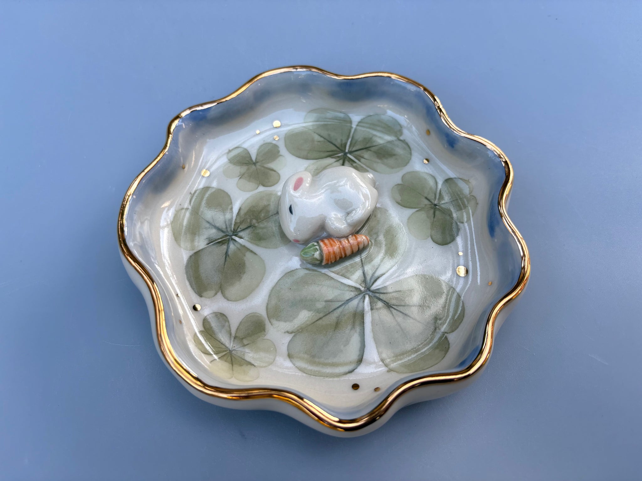 Sleeping Bunny with Lemon Clover, Ceramic Jewelry Dish with Real Gold