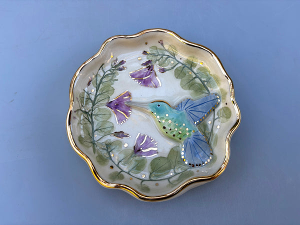 Hummingbird and Ground Morning Glory Vine, Ceramic Dish with Gold Accents