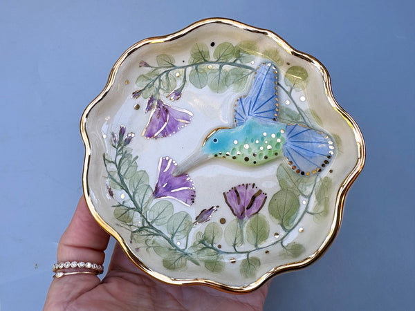 Hummingbird and Ground Morning Glory Vine, Ceramic Dish with Gold Accents