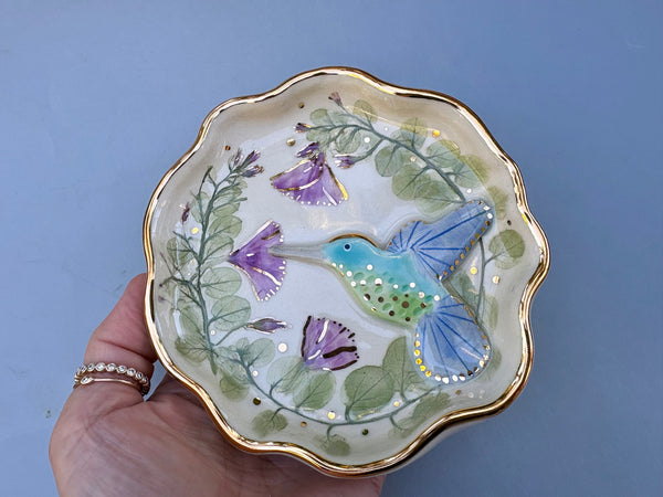 Hummingbird and Ground Morning Glory Vine, Ceramic Dish with Gold Accents