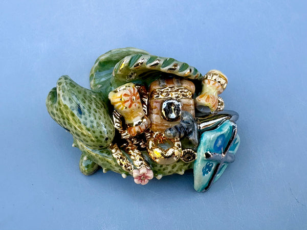 Tiny Guardian, Green Dragon with Gold Treasure Hoard, Sculpture with Real Gold Accents