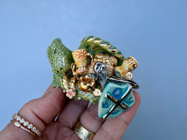 Tiny Guardian, Green Dragon with Gold Treasure Hoard, Sculpture with Real Gold Accents