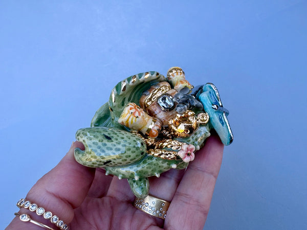 Tiny Guardian, Green Dragon with Gold Treasure Hoard, Sculpture with Real Gold Accents