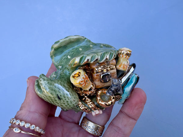 Tiny Guardian, Green Dragon with Gold Treasure Hoard, Sculpture with Real Gold Accents