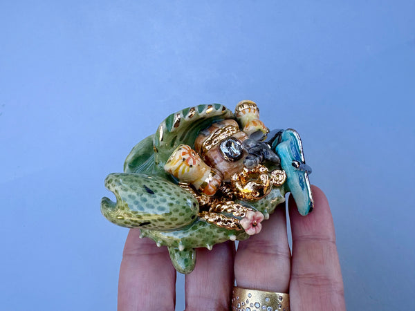 Tiny Guardian, Green Dragon with Gold Treasure Hoard, Sculpture with Real Gold Accents
