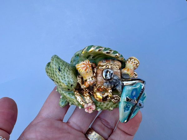 Tiny Guardian, Green Dragon with Gold Treasure Hoard, Sculpture with Real Gold Accents