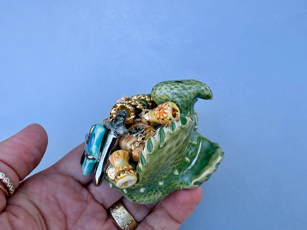 Tiny Guardian, Green Dragon with Gold Treasure Hoard, Sculpture with Real Gold Accents