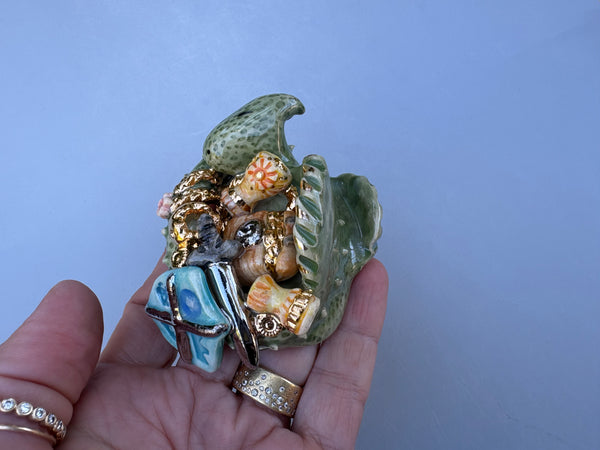 Tiny Guardian, Green Dragon with Gold Treasure Hoard, Sculpture with Real Gold Accents