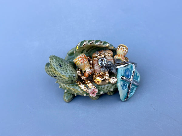 Tiny Guardian, Green Dragon with Gold Treasure Hoard, Sculpture with Real Gold Accents