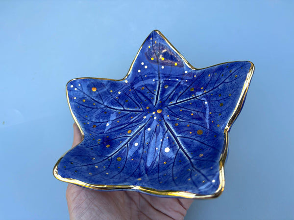Starry Night Leaf, Ceramic Dish with Gold Accents