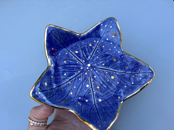 Starry Night Leaf, Ceramic Dish with Gold Accents