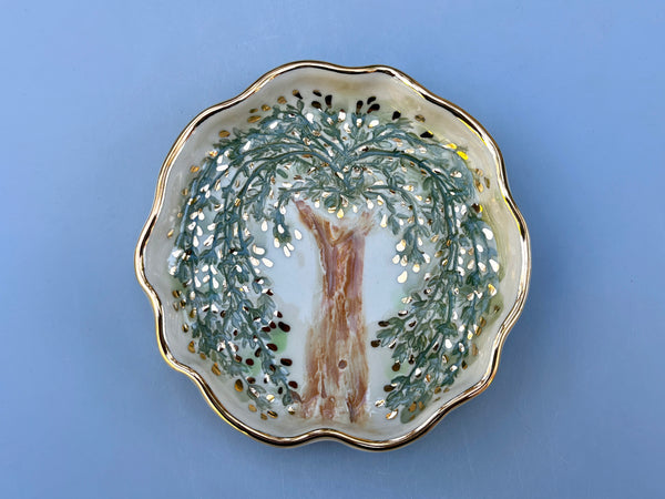 Weeping Willow Jewelry Holder, Ceramic Dish with Gold Accents