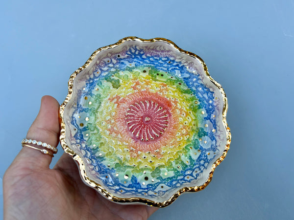 Rainbow Sun Lace, Ceramic Dish with Gold Accents