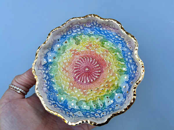 Rainbow Sun Lace, Ceramic Dish with Gold Accents