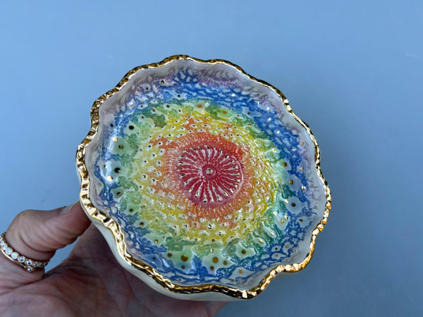 Rainbow Sun Lace, Ceramic Dish with Gold Accents