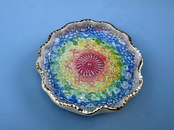 Rainbow Sun Lace, Ceramic Dish with Gold Accents
