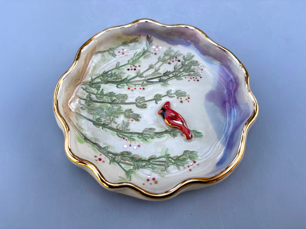Cardinal jewelry Holder,  Ceramic Dish with Gold Accents