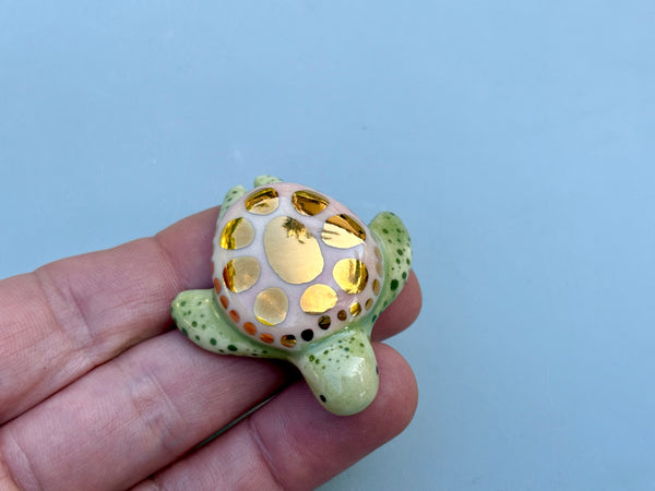 Tiny Guardian: Pink Sea Turtle, Ceramic Sculpture with 22kt Gold Accents